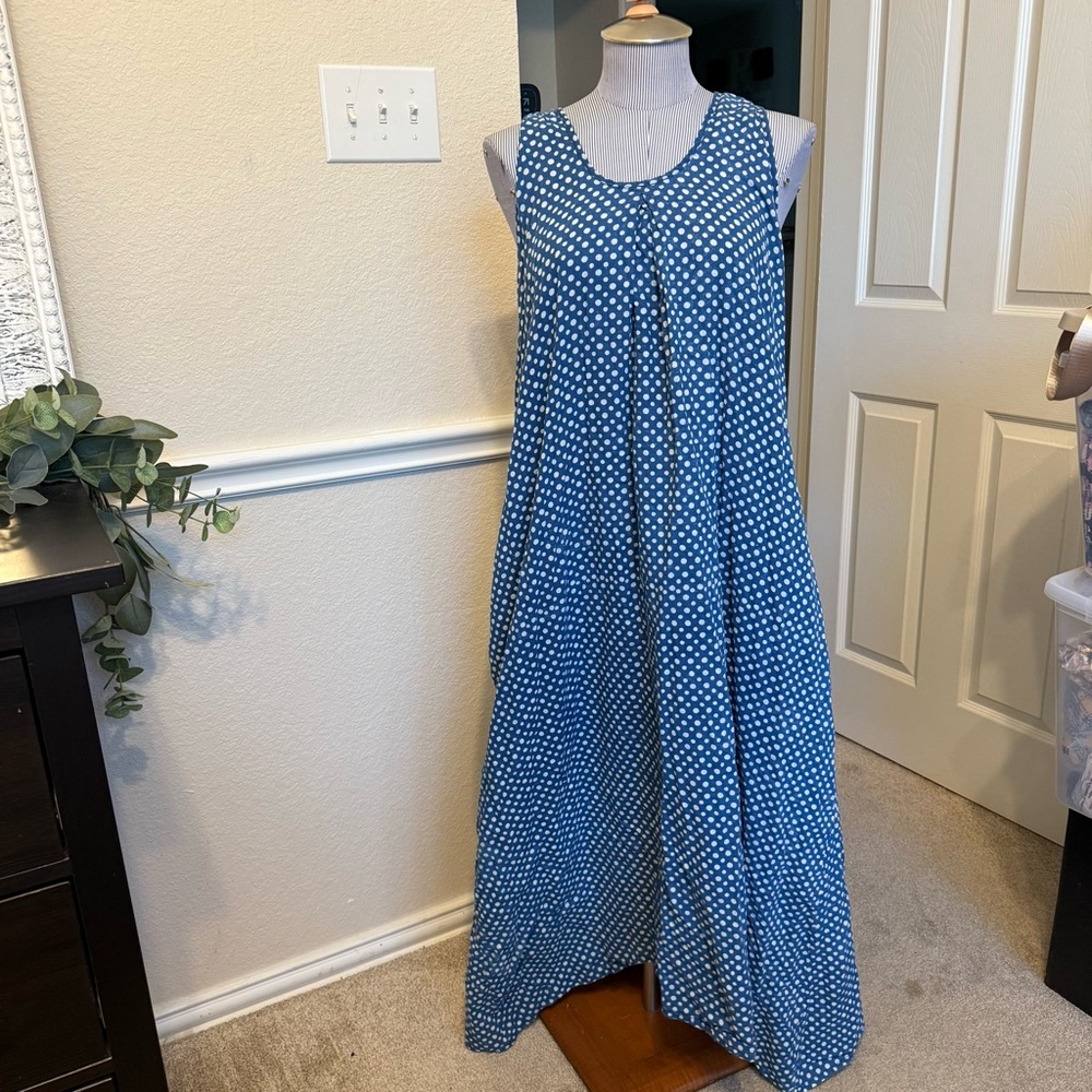Blue Polka Dot Sleeveless Dress M/L island bungalow